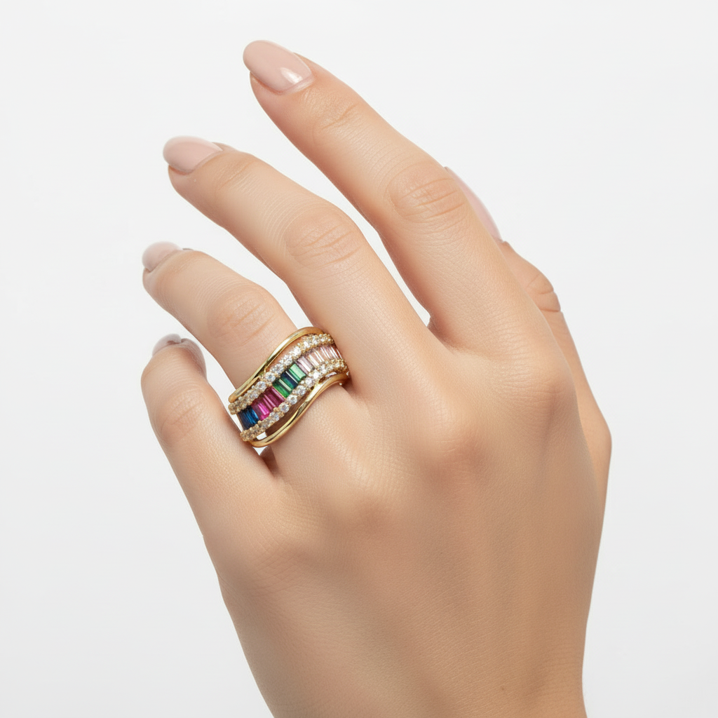 Bague multicolore sur présentoir fond blanc professionnel