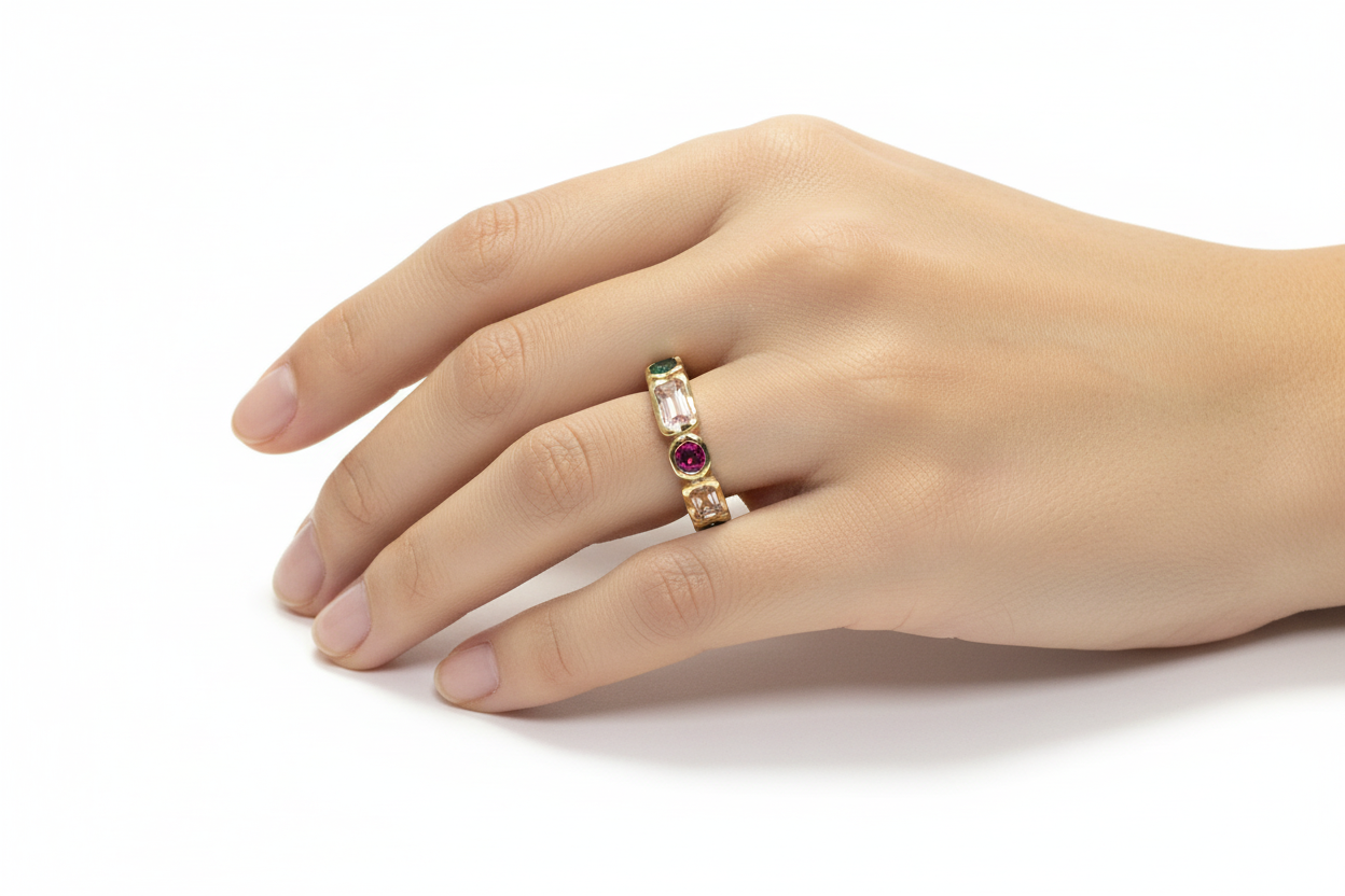 Bague rectangulaire multicolore sur présentoir fond blanc professionnel