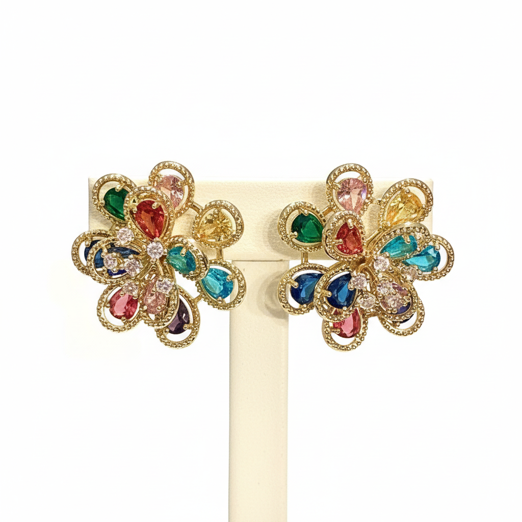 Boucles d'oreilles fleurs multicolores fond blanc professionnel