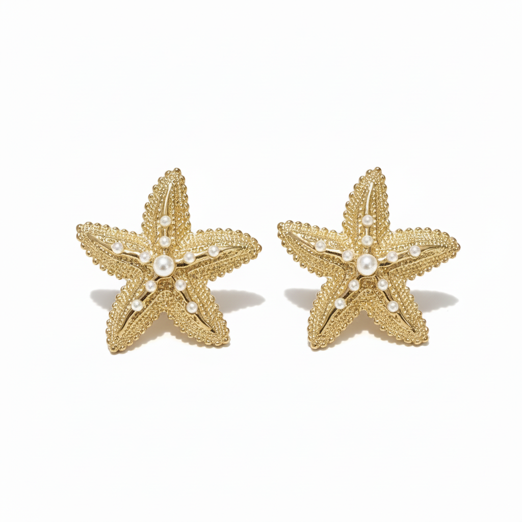 Boucles étoiles de mer dorées avec perles fond blanc professionnel